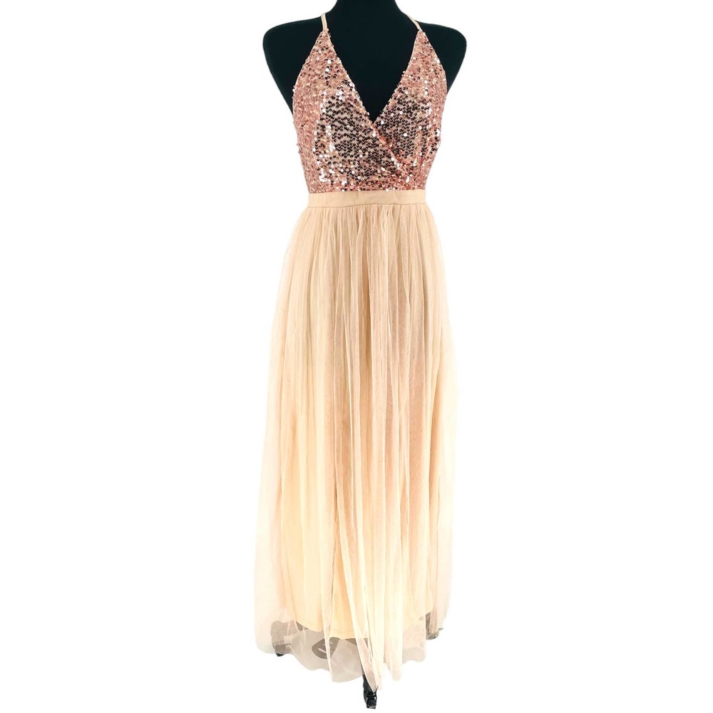NWT Cupshe Light Pink Open Strappy Back Sequined Tulle Skirt Ankle Length Dress